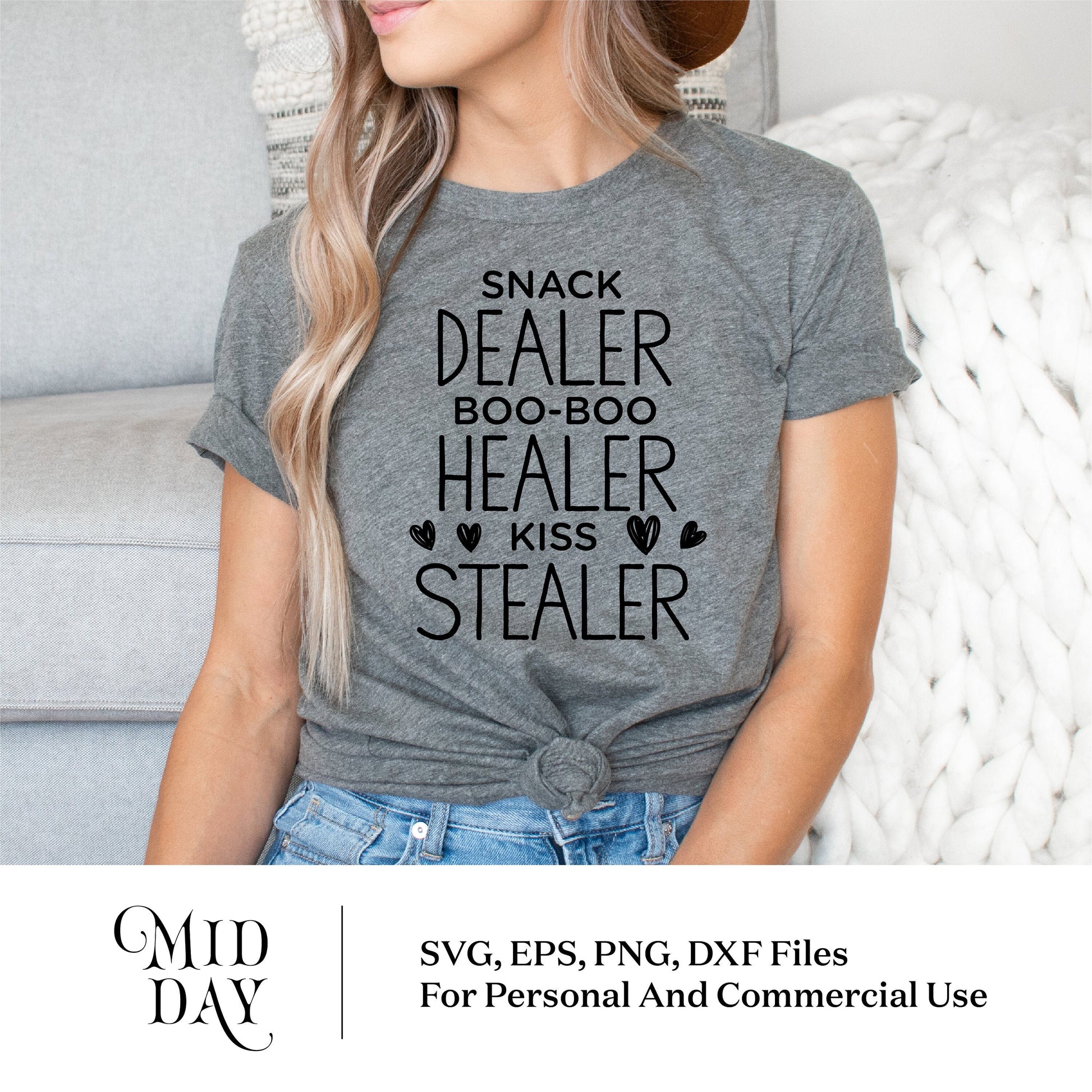 Gray t-shirt with 'Snack Dealer, Boo-Boo Healer, Kiss Stealer' quote, ideal for moms. SVG, EPS, PNG, and DXF files available for Cricut and more.