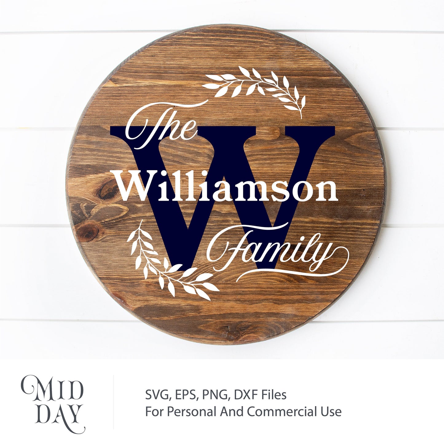 Round wooden family sign with 'The Williamson Family' and floral accents in SVG format for home decor projects.