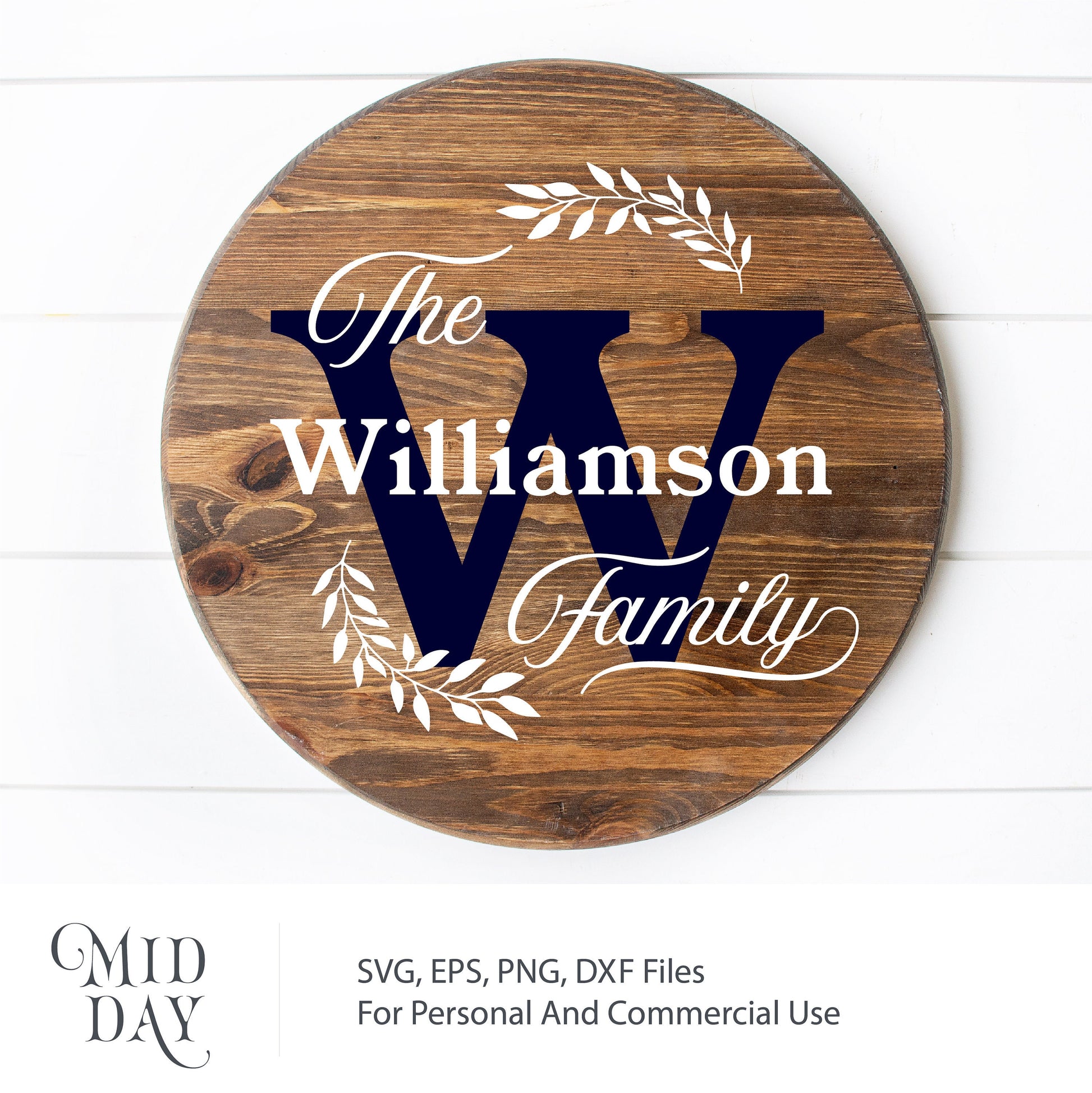 Round wooden family sign with 'The Williamson Family' and floral accents in SVG format for home decor projects.
