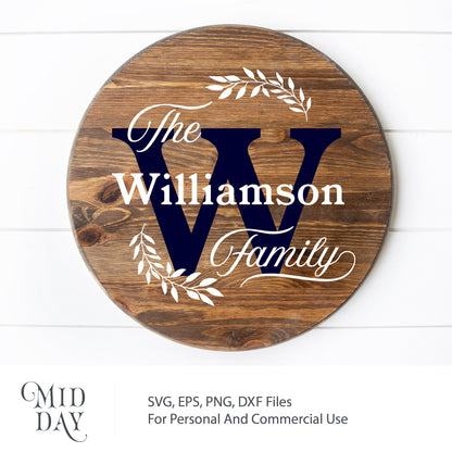 Round wooden family sign with 'The Williamson Family' and floral accents in SVG format for home decor projects.