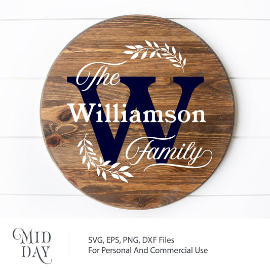 Round wooden family sign with 'The Williamson Family' and floral accents in SVG format for home decor projects.