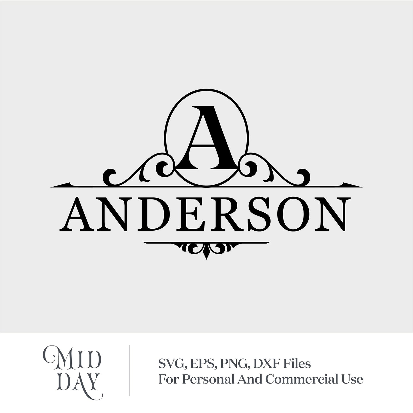 Monogram split letter A with family name Anderson, ornate SVG design for Cricut projects.