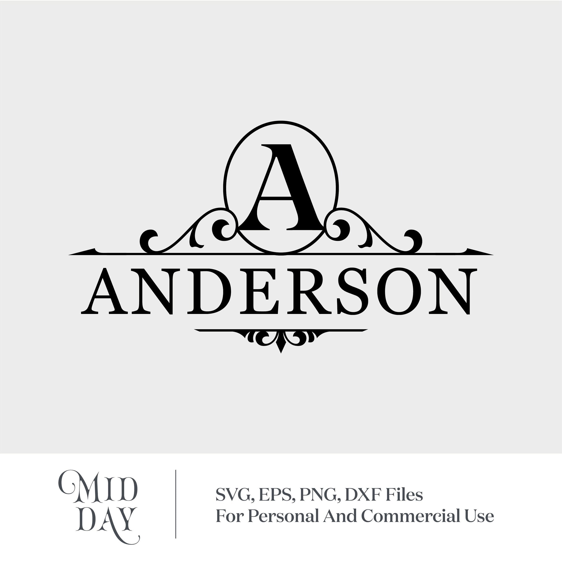 Monogram split letter A with family name Anderson, ornate SVG design for Cricut projects.
