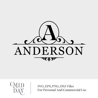 Monogram split letter A with family name Anderson, ornate SVG design for Cricut projects.