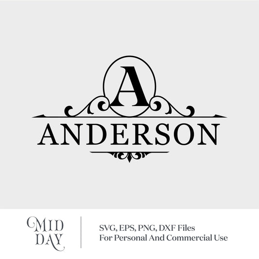 Monogram split letter A with family name Anderson, ornate SVG design for Cricut projects.