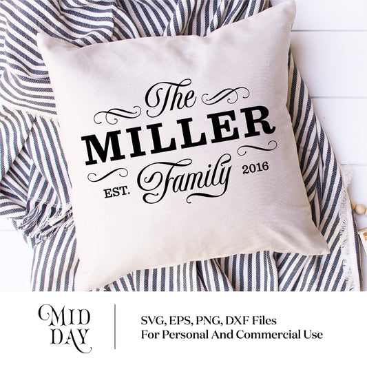 Family name pillow with 'The Miller Family' design, established 2016, on a striped blanket background, available as SVG, EPS, PNG, DXF files.