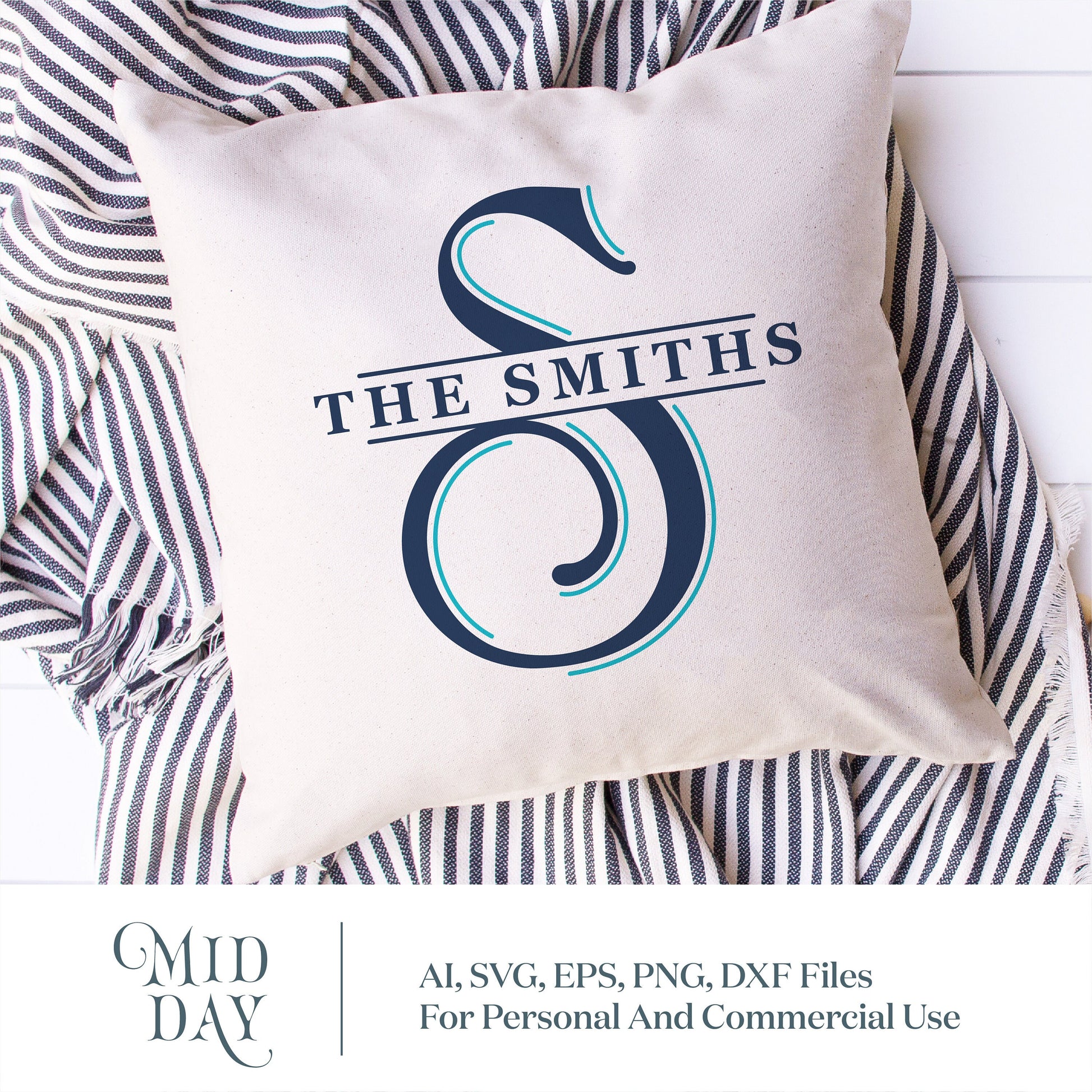Decorative pillow with split monogram letter S and 'The Smiths' design on a striped blanket. Suitable for personal and commercial use.