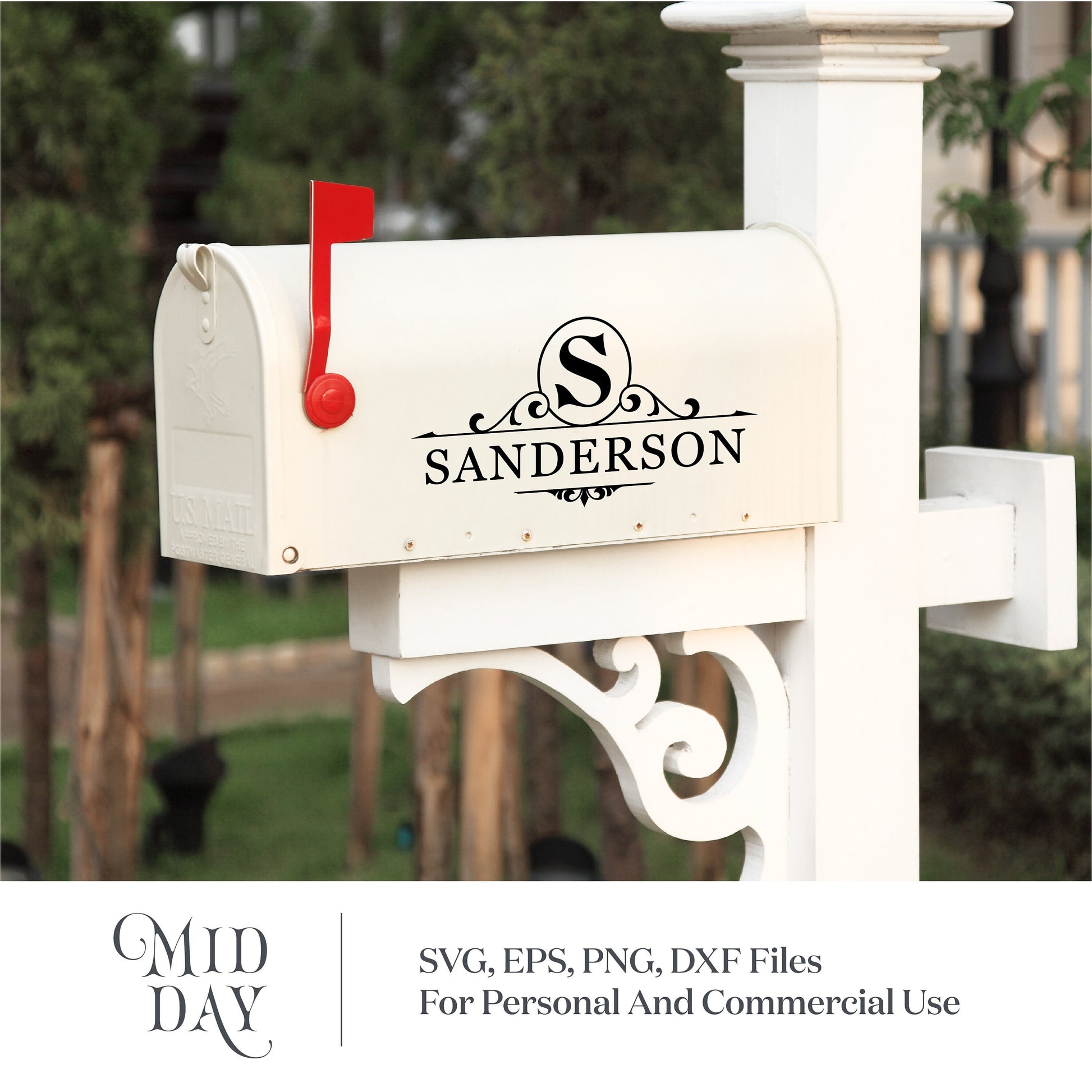 White mailbox with S monogram and Sanderson last name design, featuring personalized split letter SVG for home or commercial use.