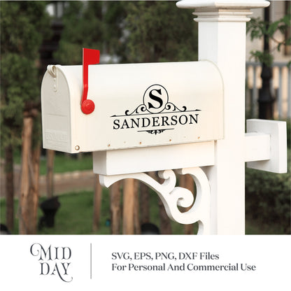 White mailbox with S monogram and Sanderson last name design, featuring personalized split letter SVG for home or commercial use.