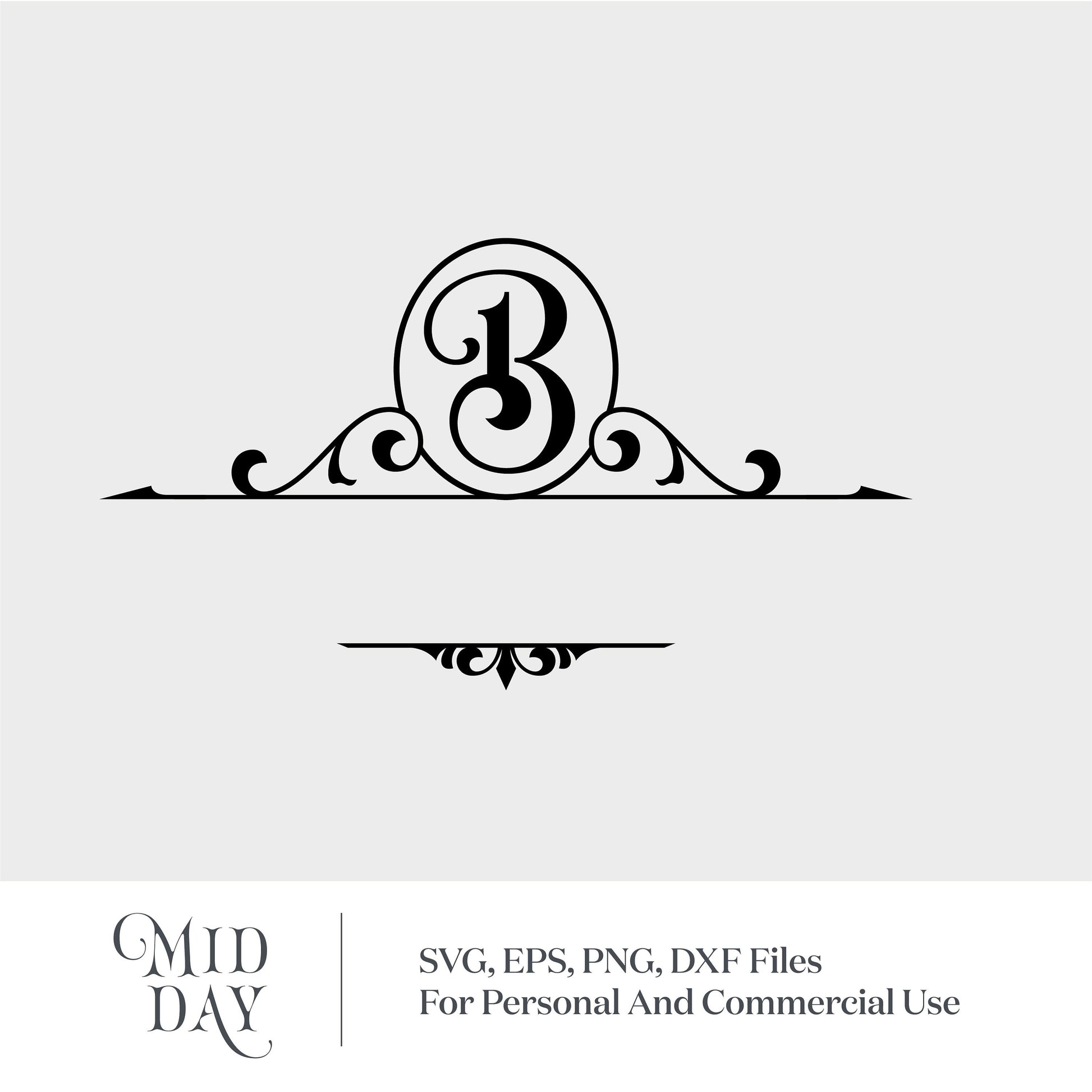 Elegant letter B monogram with flourishes, available in SVG, PNG, DXF formats for Cricut and Silhouette use.