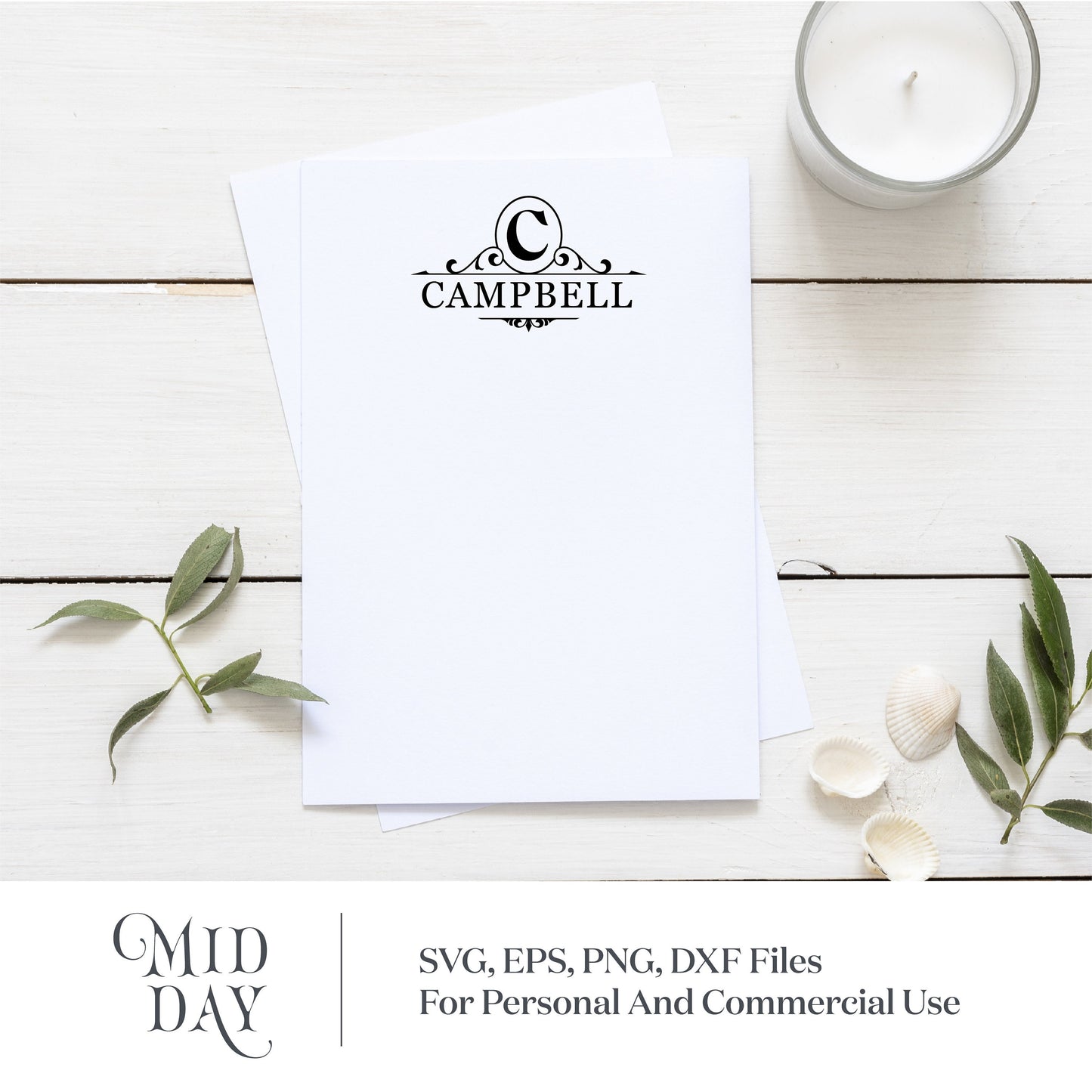 Elegant letter C monogram on stationery with greenery and candle, perfect for family name or mailbox design, available in SVG format.