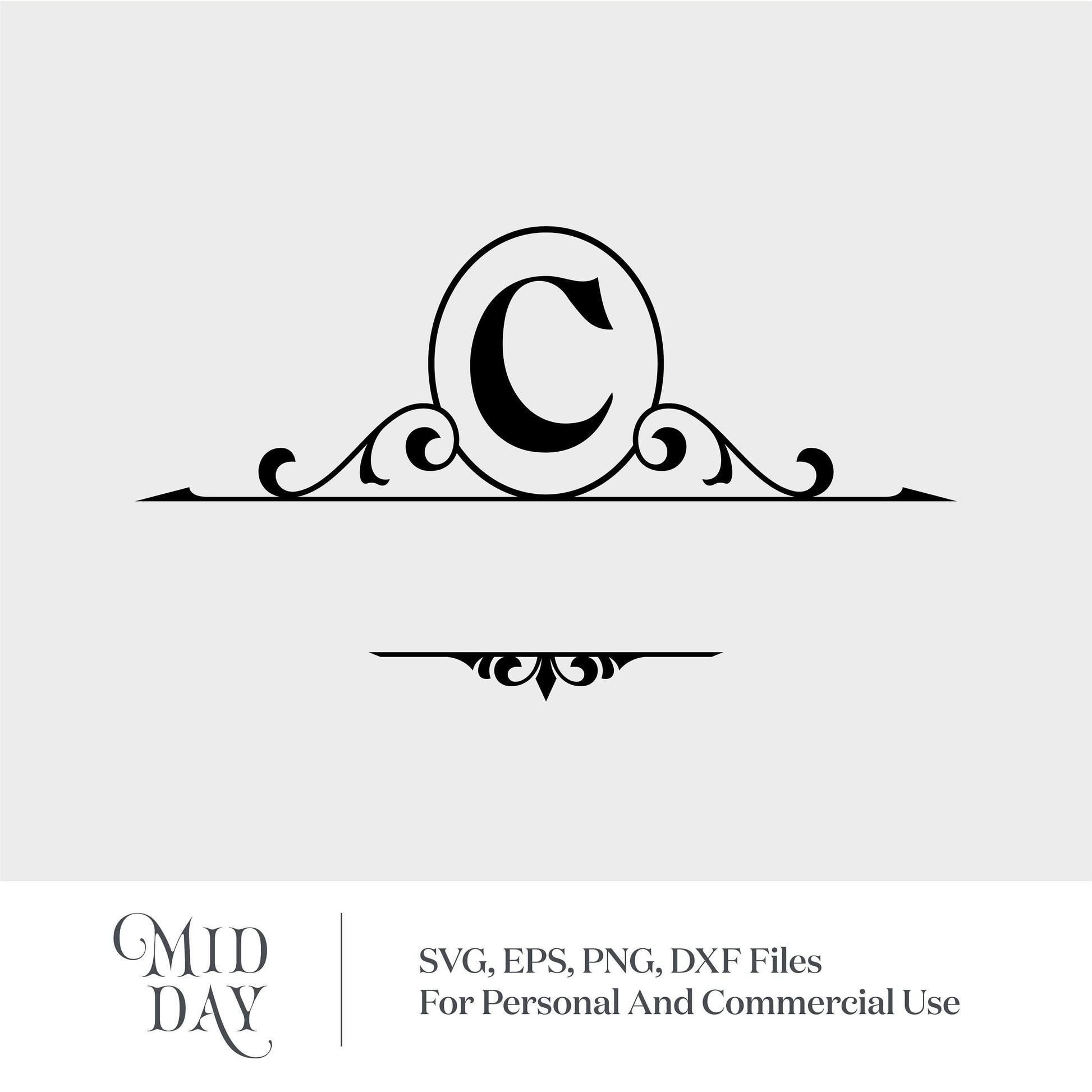 Elegant split monogram letter C SVG with ornate frame, suitable for Cricut projects and personalized designs.