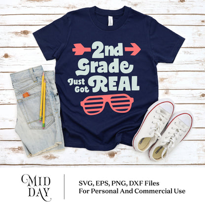 Second Grade Just Got Real t-shirt with sunglasses design for back to school, shown with denim shorts and sneakers. Ideal for teachers and students.