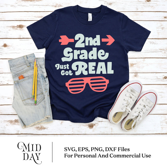 Second Grade Just Got Real t-shirt with sunglasses design for back to school, shown with denim shorts and sneakers. Ideal for teachers and students.