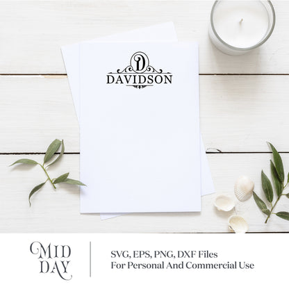 Elegant letter D monogram svg on cardstock with candle and leaves, personalized for Davidson family, suitable for Cricut projects.