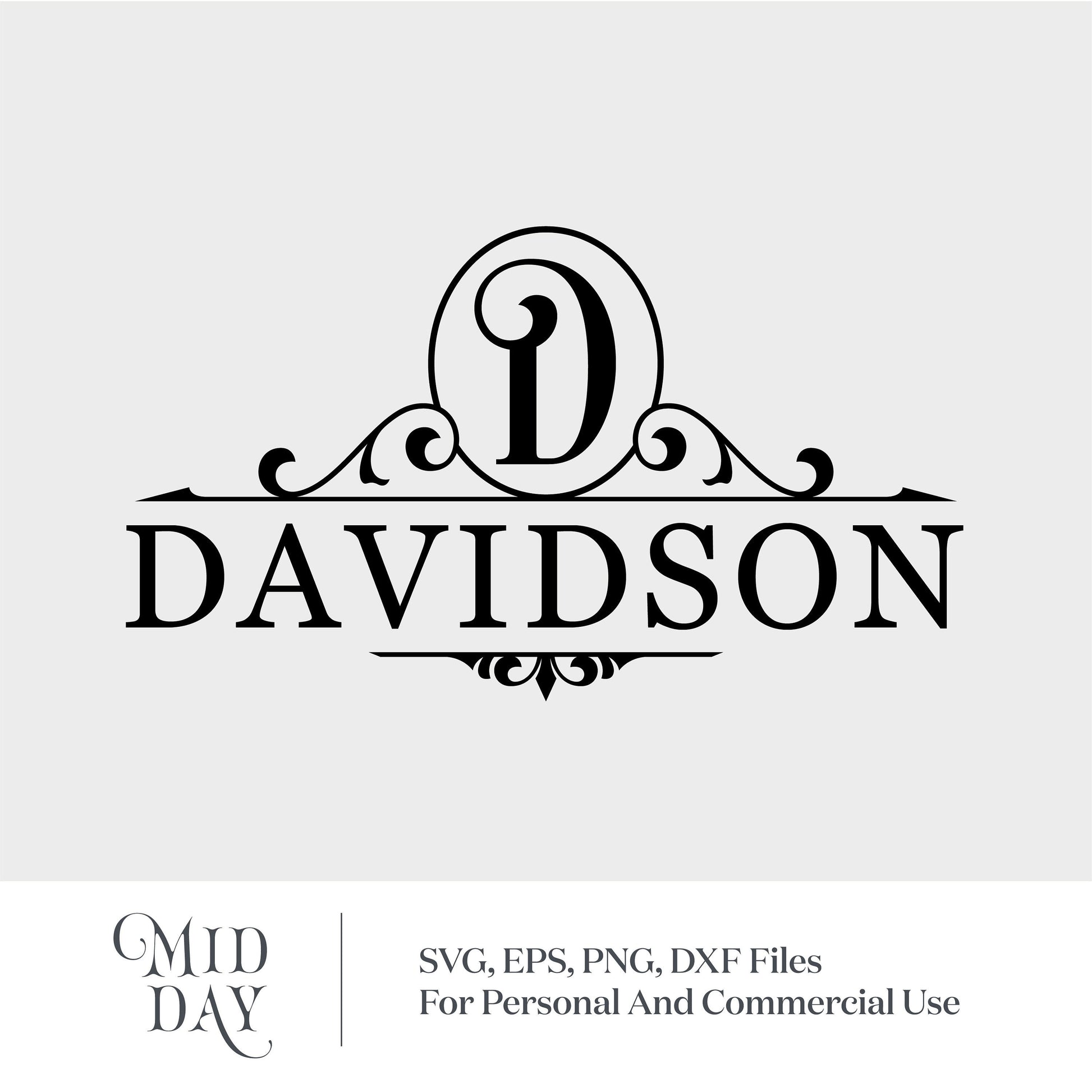 Elegant letter D monogram with Davidson family name, decorative swirl accents, suitable for SVG cutting files and personalized designs.