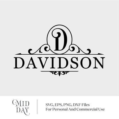 Elegant letter D monogram with Davidson family name, decorative swirl accents, suitable for SVG cutting files and personalized designs.