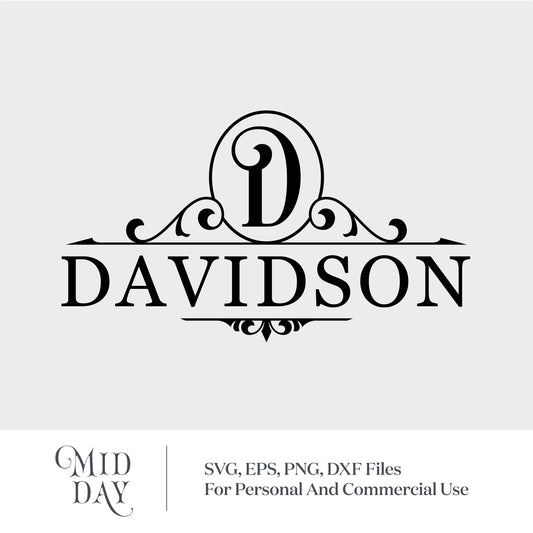 Elegant letter D monogram with Davidson family name, decorative swirl accents, suitable for SVG cutting files and personalized designs.