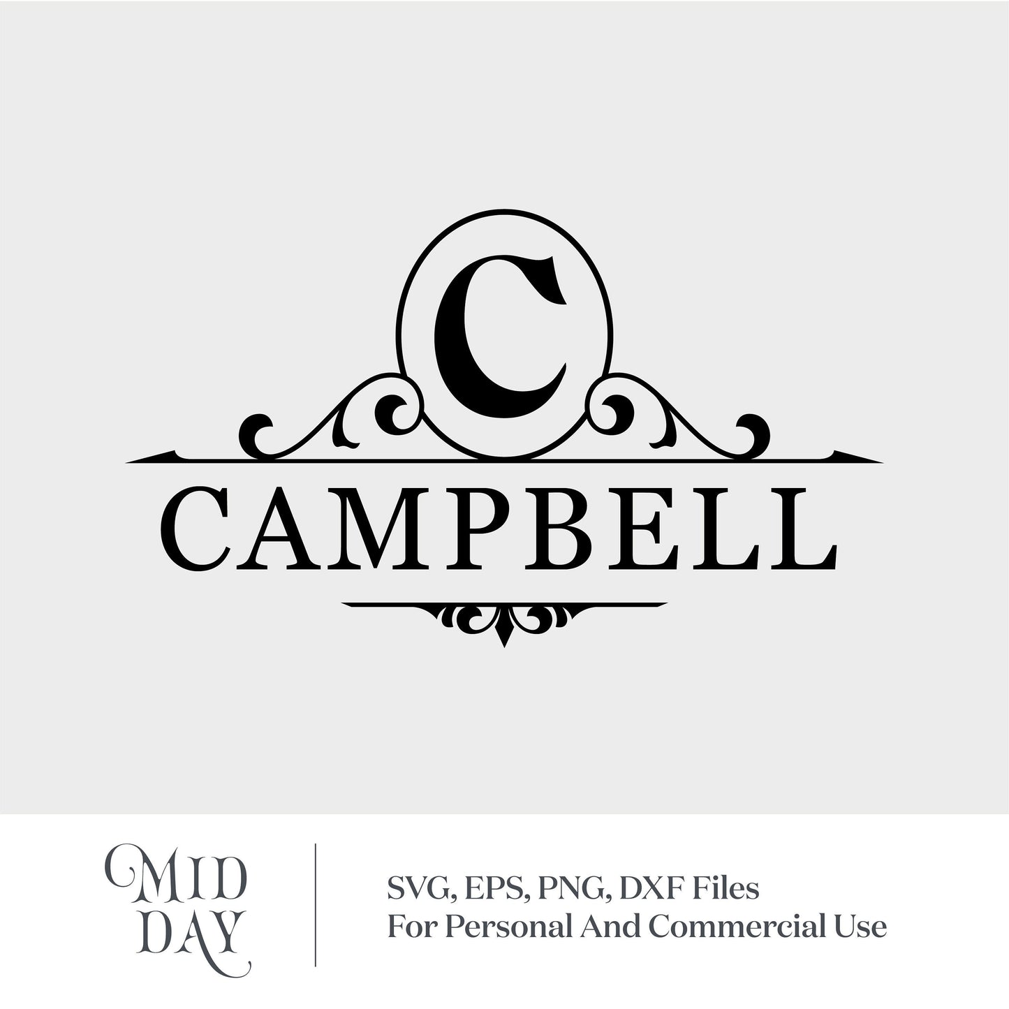 Elegant split letter C monogram with Campbell family name, suitable for Cricut and Silhouette projects.