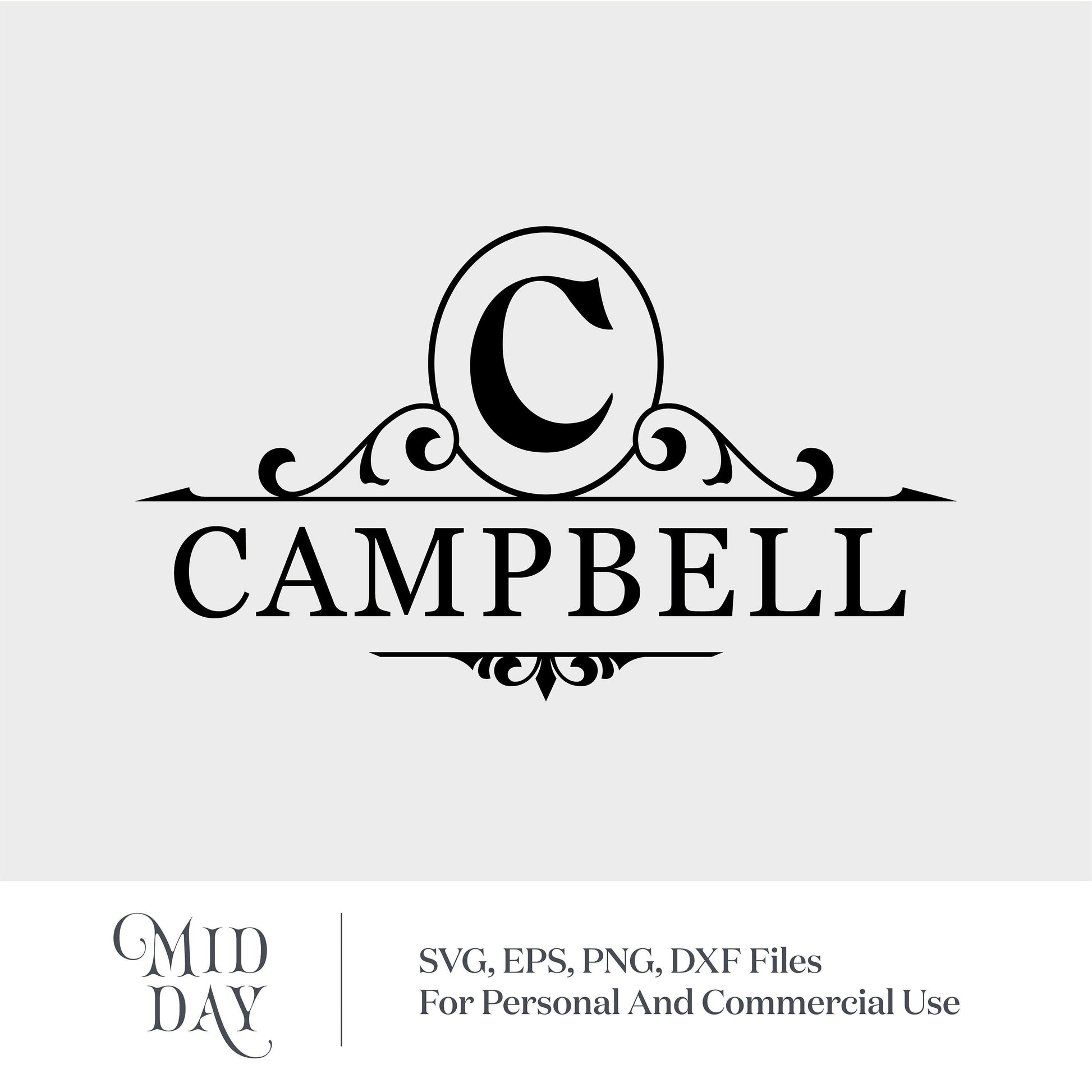 Elegant split letter C monogram with Campbell family name, suitable for Cricut and Silhouette projects.