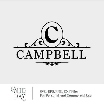 Elegant split letter C monogram with Campbell family name, suitable for Cricut and Silhouette projects.