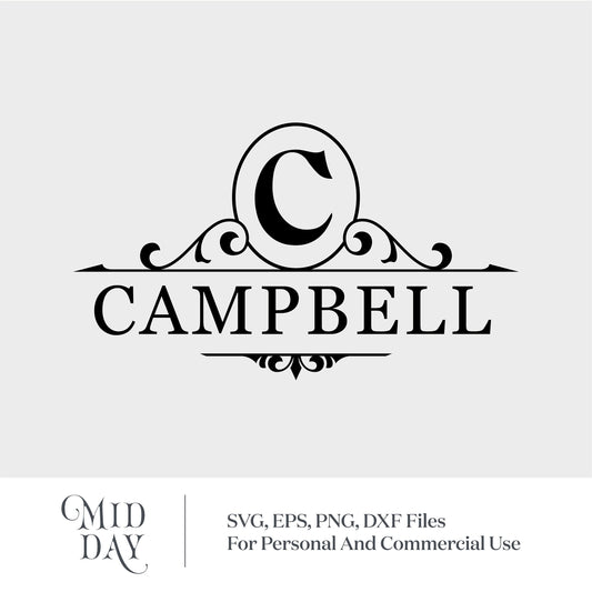 Elegant split letter C monogram with Campbell family name, suitable for Cricut and Silhouette projects.