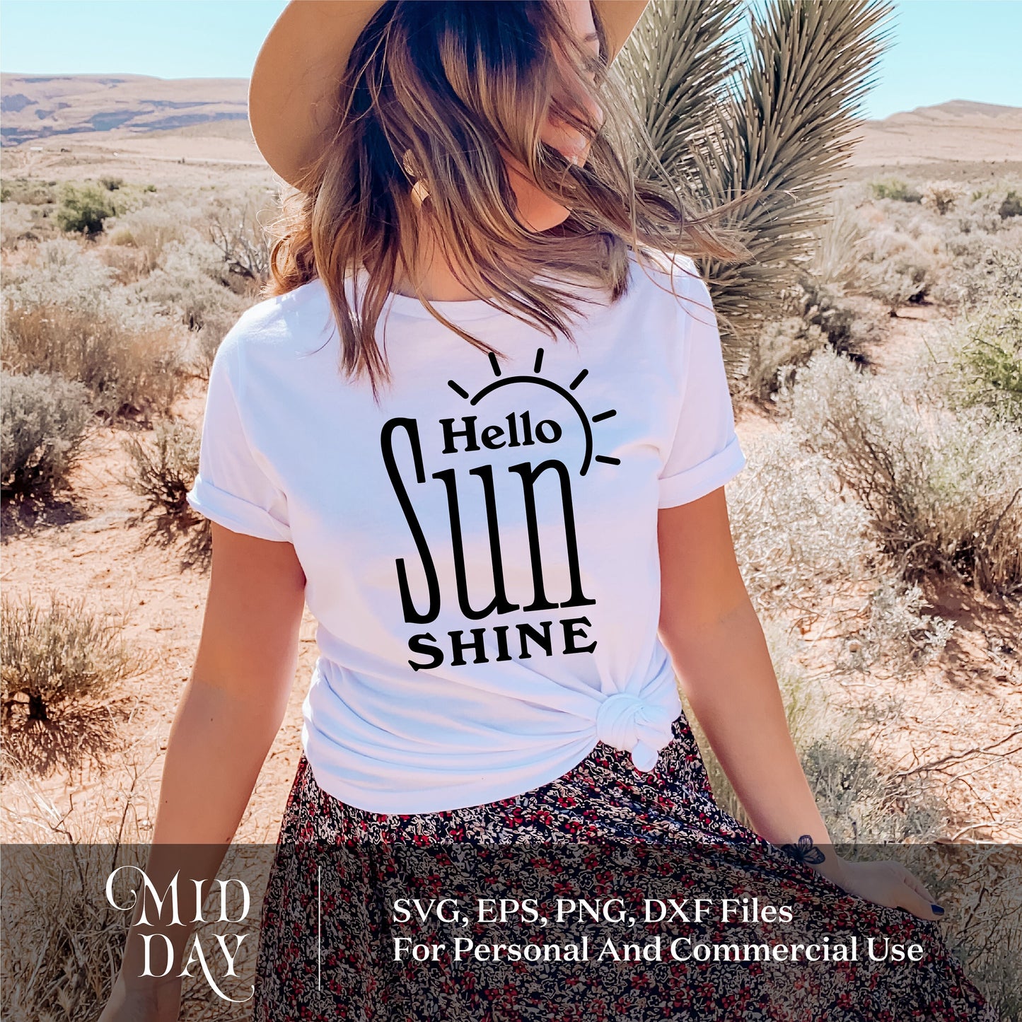 Woman wearing 'Hello Sunshine' t-shirt in desert, promoting SVG files for Cricut, summer designs for shirts and mugs.