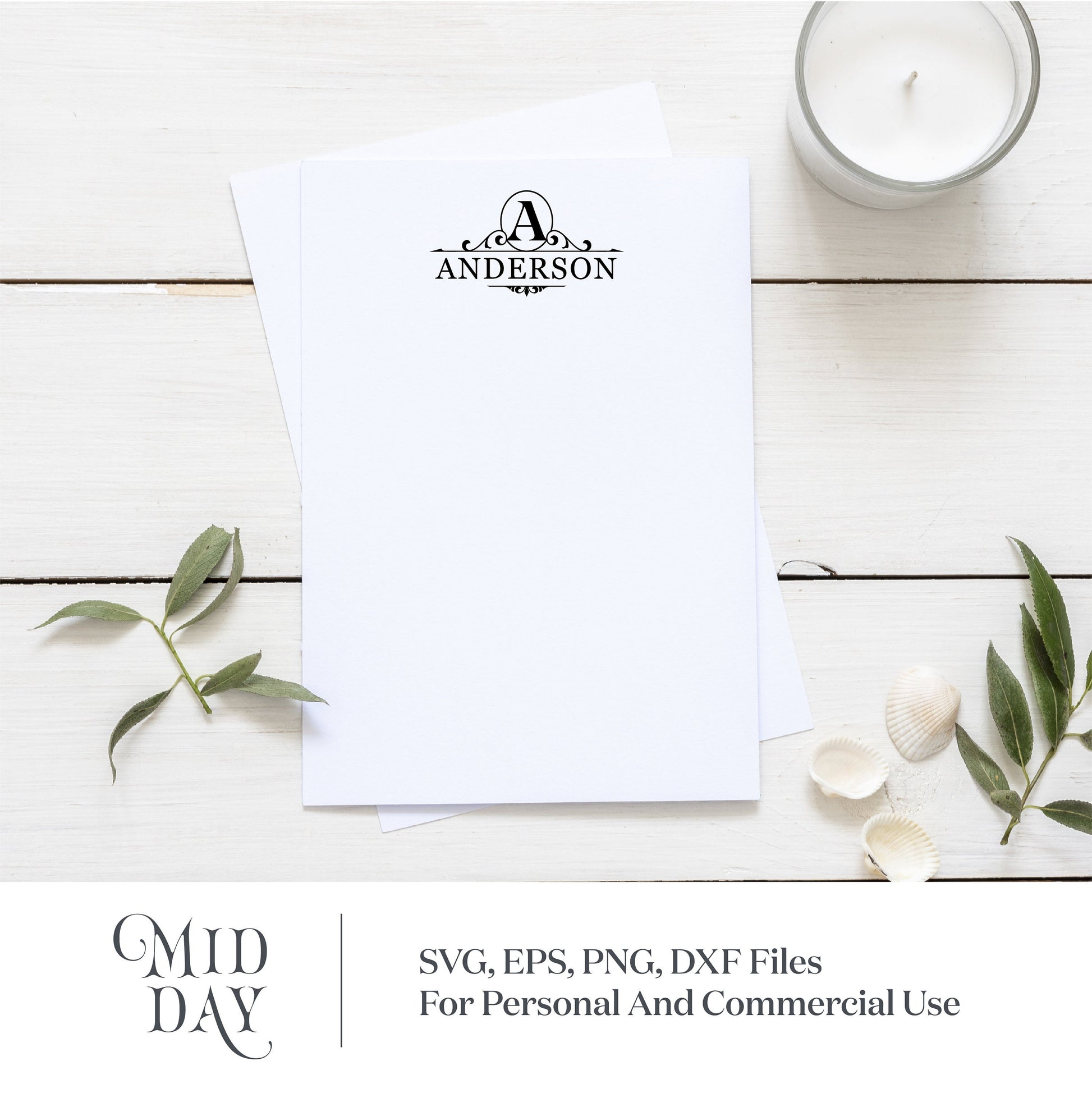 Monogram letter A on white stationery with candle and leaves, personalized family name SVG for Cricut.