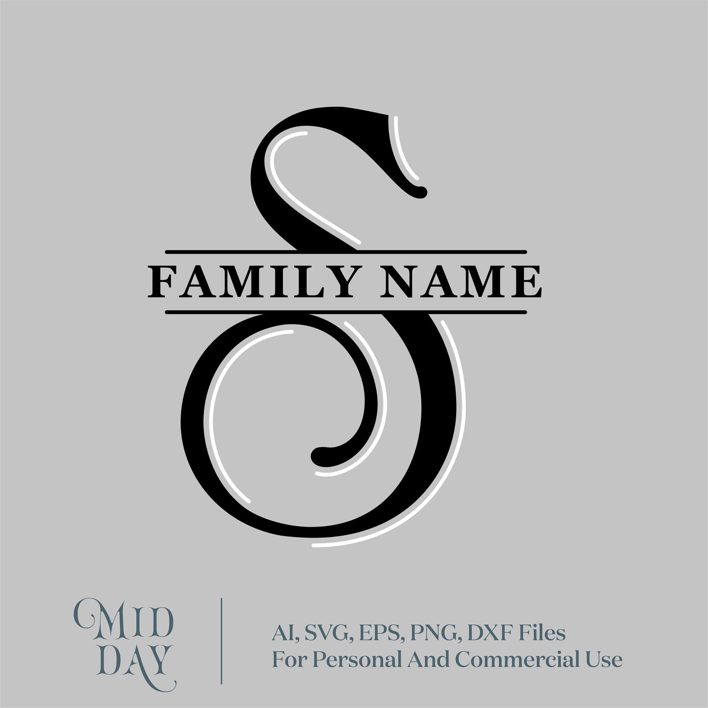 Stylish letter S monogram SVG with "Family Name" text, ideal for Cricut crafting projects, comes in AI, SVG, EPS, PNG, DXF formats.