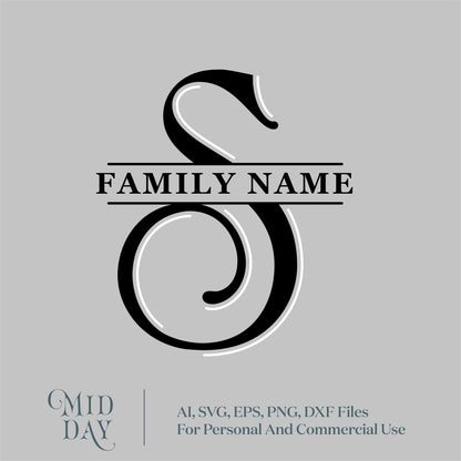 Stylish letter S monogram SVG with "Family Name" text, ideal for Cricut crafting projects, comes in AI, SVG, EPS, PNG, DXF formats.