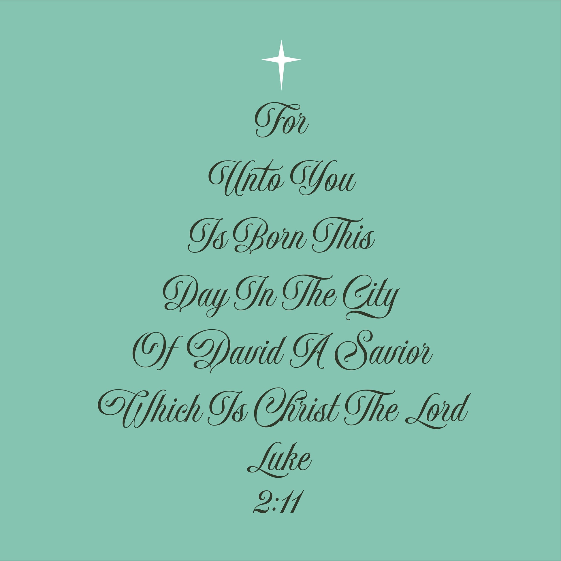 Christmas tree silhouette with Luke 2:11 Bible verse in script font, featuring star on top, green background. Christian decor SVG.