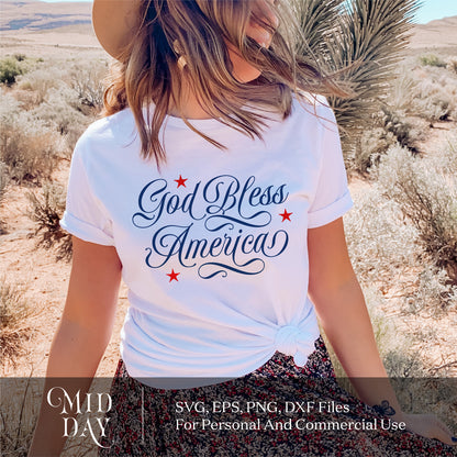 Woman wearing 'God Bless America' 4th of July t-shirt, perfect for SVG, EPS, PNG, DXF projects. Patriotic design for craft enthusiasts.