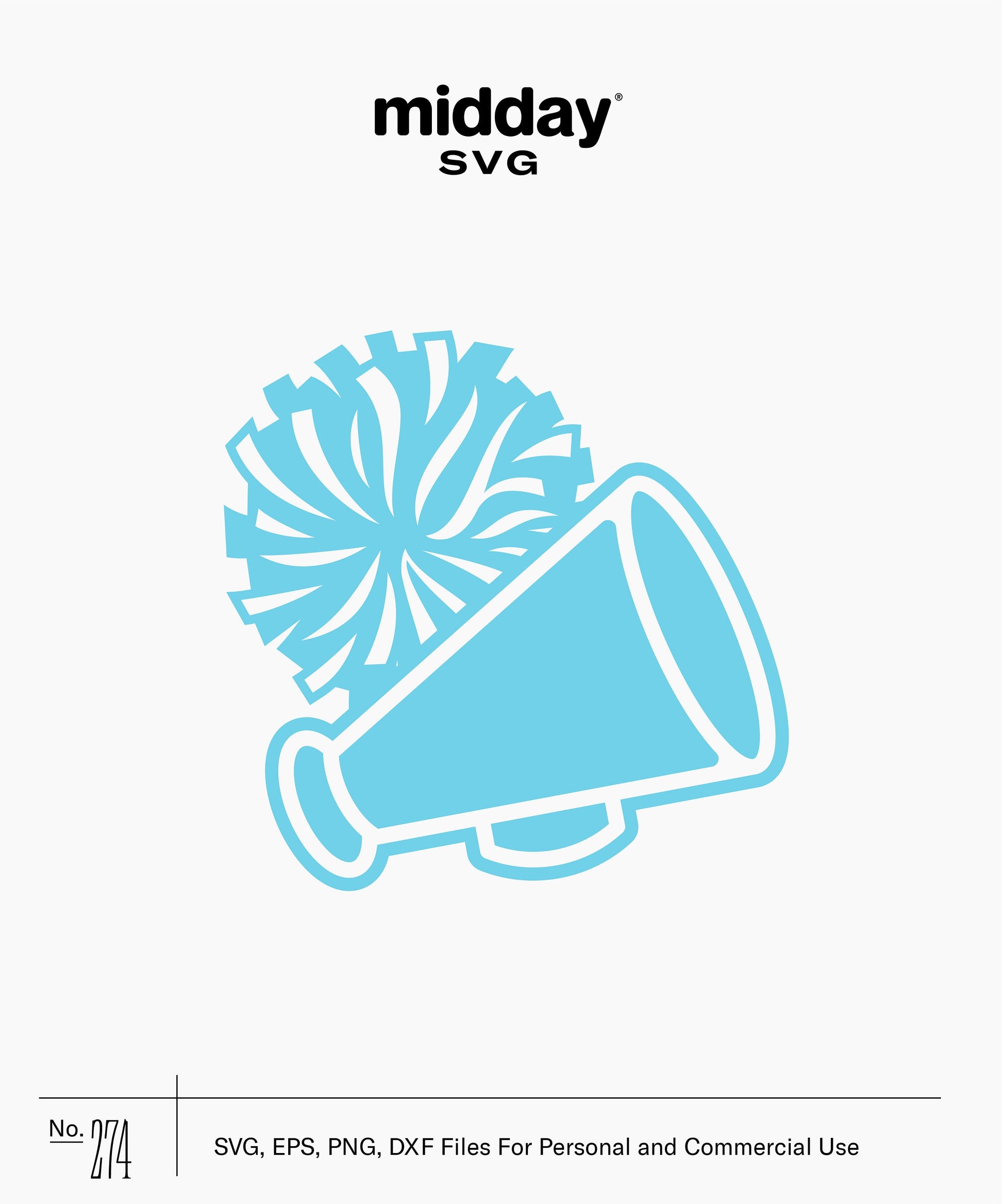Cheerleader megaphone and pom pom SVG design in blue color, perfect for crafting and decoration projects. Includes SVG, EPS, PNG, DXF files.