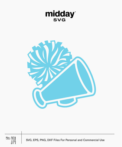 Cheerleader megaphone and pom pom SVG design in blue color, perfect for crafting and decoration projects. Includes SVG, EPS, PNG, DXF files.