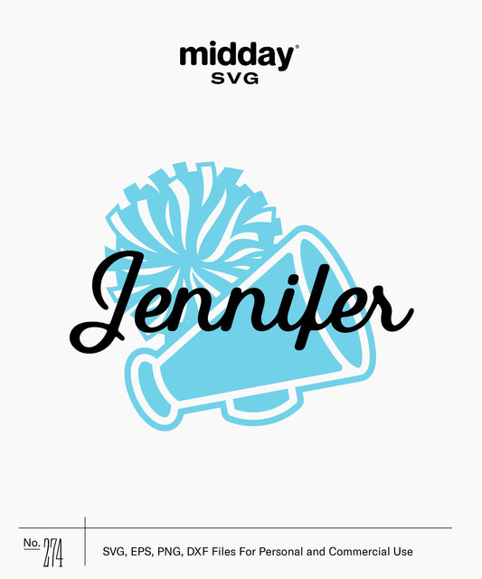 Blue cheerleading megaphone and pom poms with 'Jennifer' text in black, SVG design for game day projects and crafts.