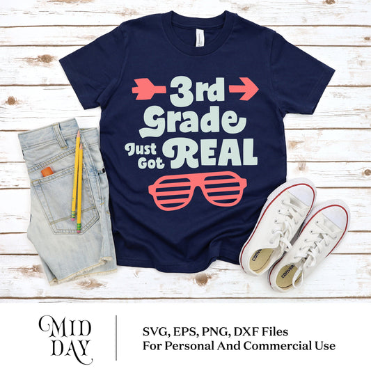 Navy blue t-shirt with '3rd Grade Just Got Real' design, white sneakers, and denim shorts, perfect for first day of school gifts.