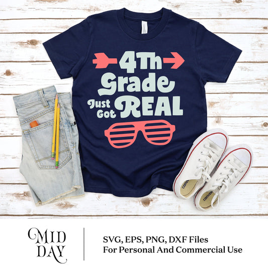 Navy blue shirt with '4th Grade Just Got Real' design, paired with jeans, pencils, white sneakers. Ideal for back-to-school projects.