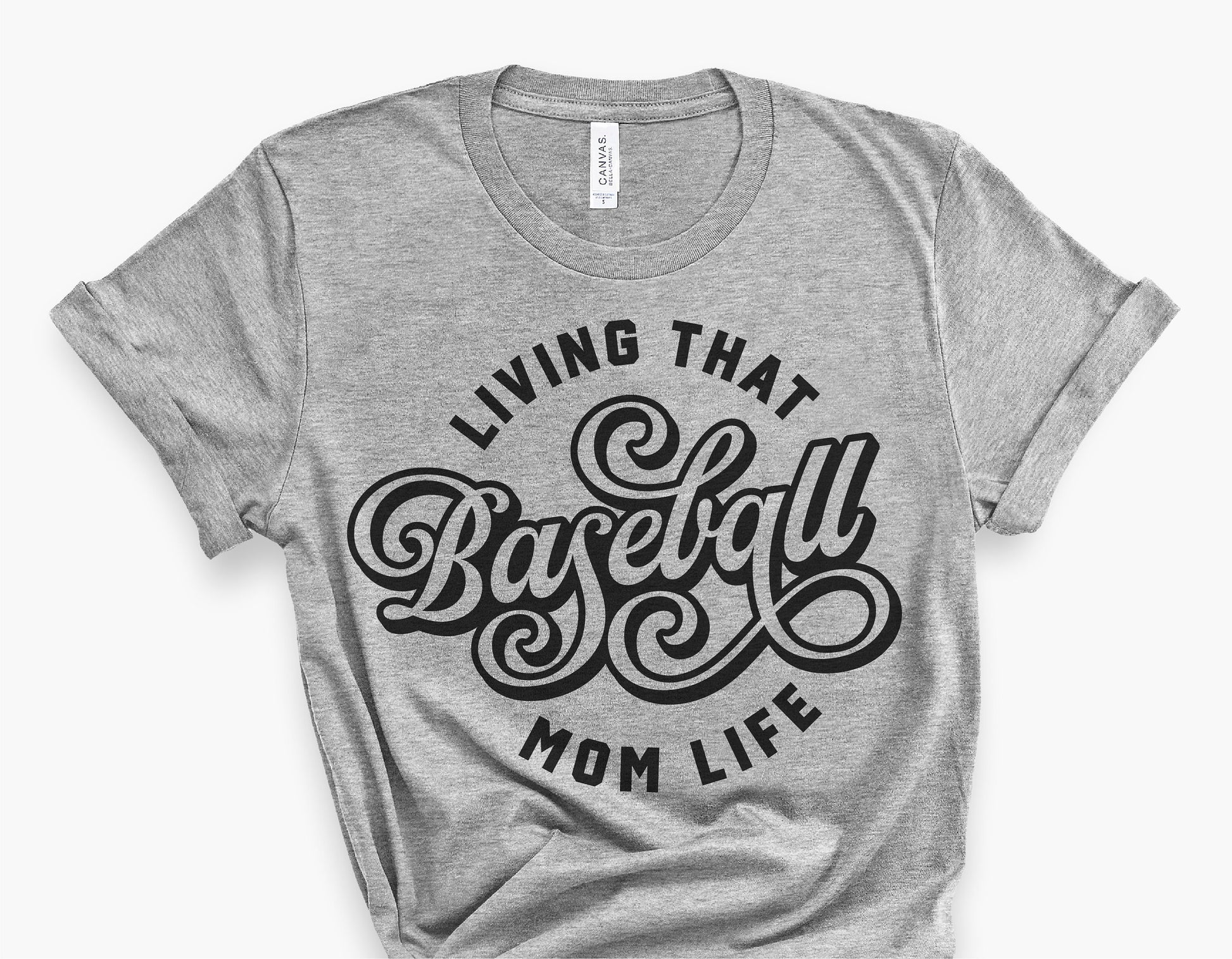 Gray t-shirt with 'Living That Baseball Mom Life' design in vintage script style, perfect for baseball fan apparel.