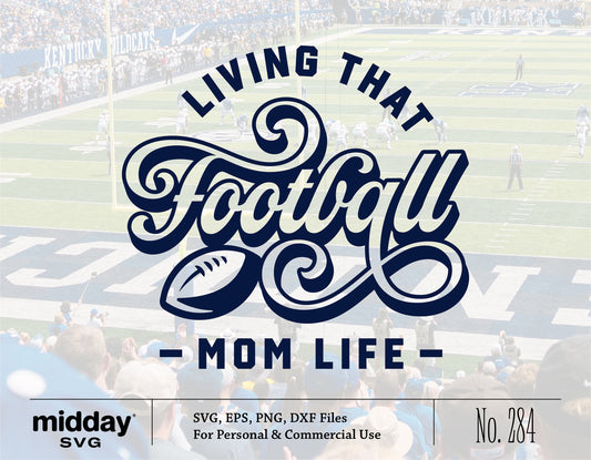 Vintage Football Mom Life SVG design with football field background for Cricut and card making projects, includes SVG, EPS, PNG, DXF formats.