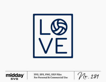 Volleyball Love SVG design with a ball replacing the letter 'O', available in SVG, DXF, PNG, EPS formats for crafting and cutting.