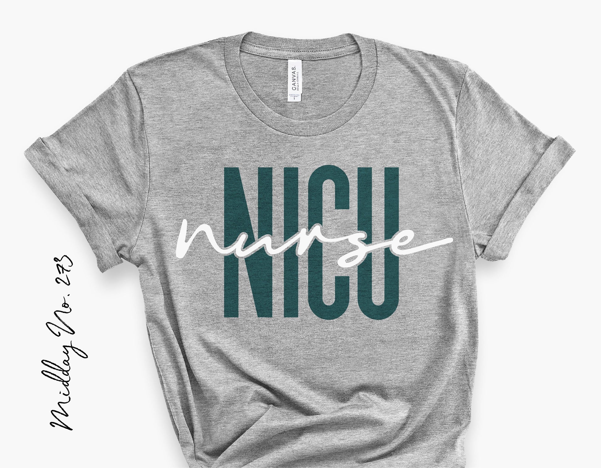 Gray t-shirt with 'NICU Nurse' text design in teal and white.