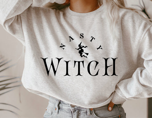 Nasty Witch Halloween sweater featuring a spooky witch design, perfect for feminist and witchcraft-inspired fall outfits.