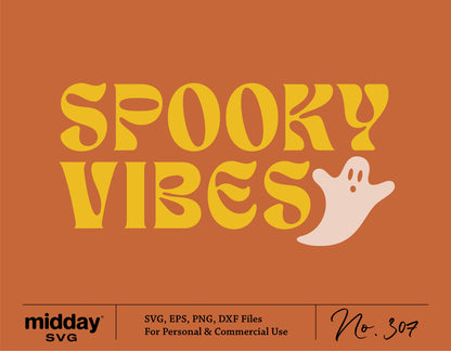 Halloween Spooky Vibes SVG with funny ghost and autumn orange background for Cricut, fall decor, and costume shirt design.