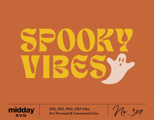 Halloween Spooky Vibes SVG with funny ghost and autumn orange background for Cricut, fall decor, and costume shirt design.