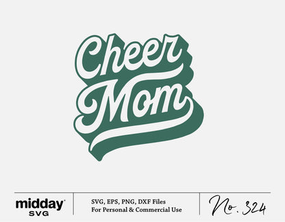 Cheer Mom SVG Cut File in green brush stroke style for Cricut and Silhouette, available for digital download in SVG, PNG, EPS, and DXF formats.
