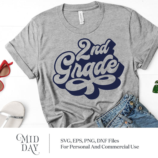 Gray t-shirt with '2nd Grade' SVG design for back to school, shown with jeans and sunglasses. Available as SVG, EPS, PNG, DXF files.