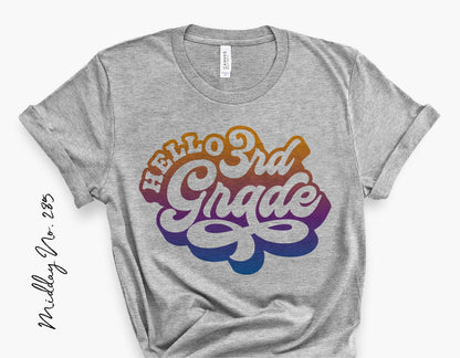 Gray t-shirt with colorful 'Hello 3rd Grade' design for teachers or students, perfect for back-to-school or third-grade events