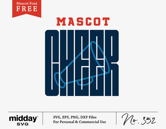 Cheerleader SVG design with a megaphone illustration, includes Mascot Font for free. Available in SVG, EPS, PNG, DXF formats.