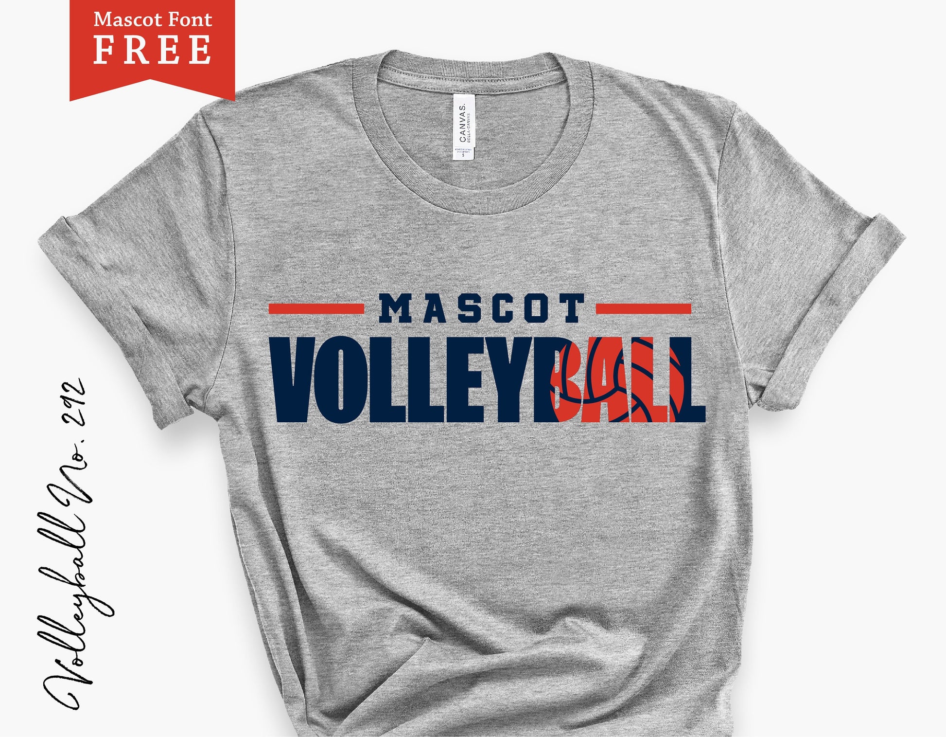Gray volleyball shirt with bold 'MASCOT VOLLEYBALL' text, featuring a red and blue logo design. Perfect for game day or team spirit.