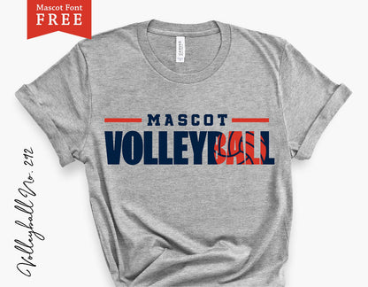 Gray volleyball shirt with bold 'MASCOT VOLLEYBALL' text, featuring a red and blue logo design. Perfect for game day or team spirit.
